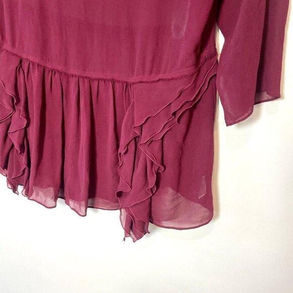Theory Silk Peplum Blouse Top Womens L Red Ruffle Trim 3/4 Sleeve Chiffon Sheer - Picture 2 of 7